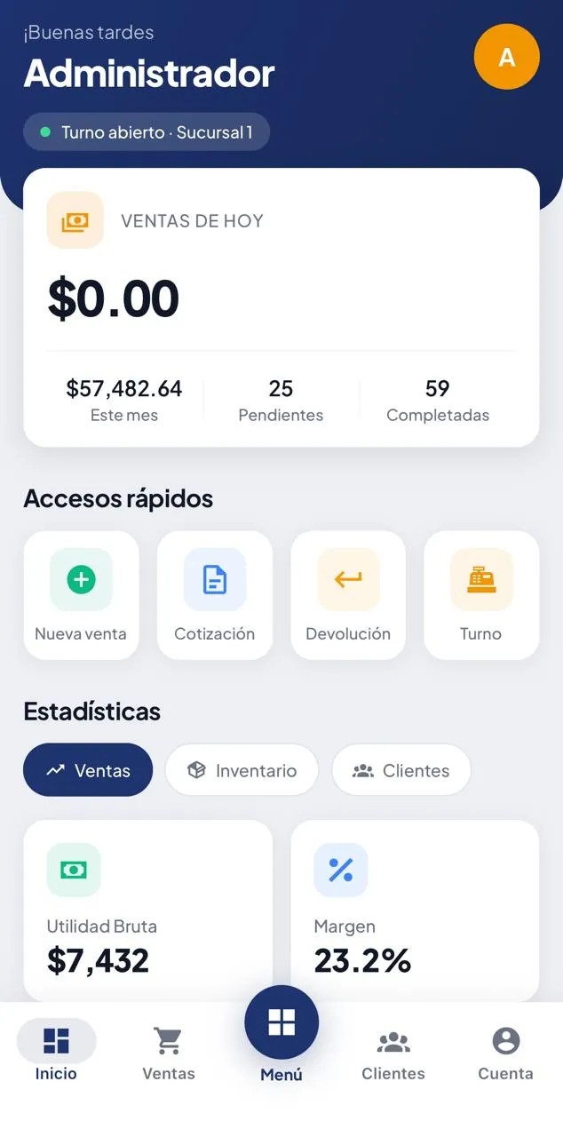 App móvil de Expanda POS mostrando el tablero con ventas del día, accesos rápidos y estadísticas
