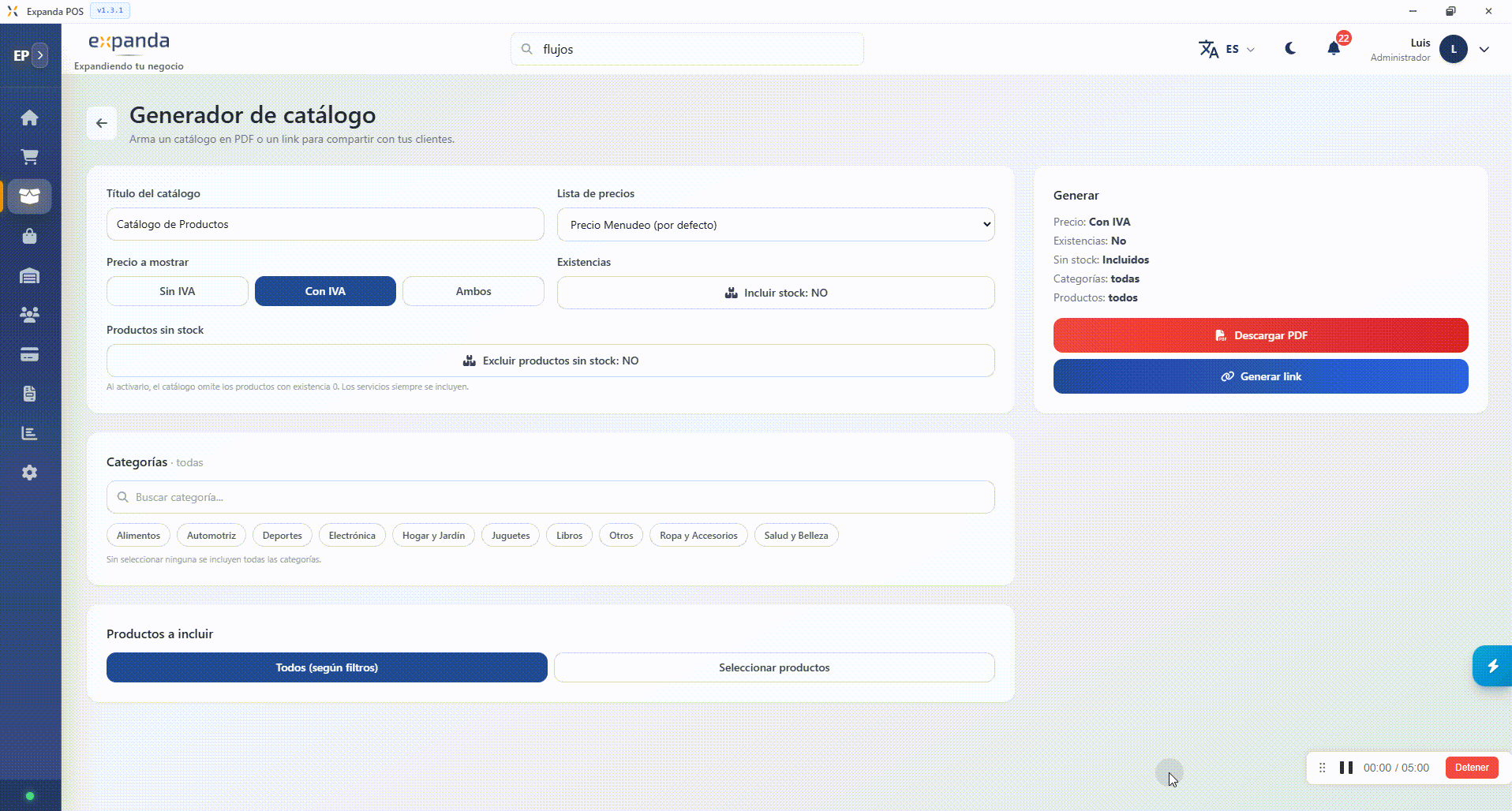 Generador de catálogo de Expanda POS: elige título, lista de precios, categorías y descarga en PDF o comparte por link
