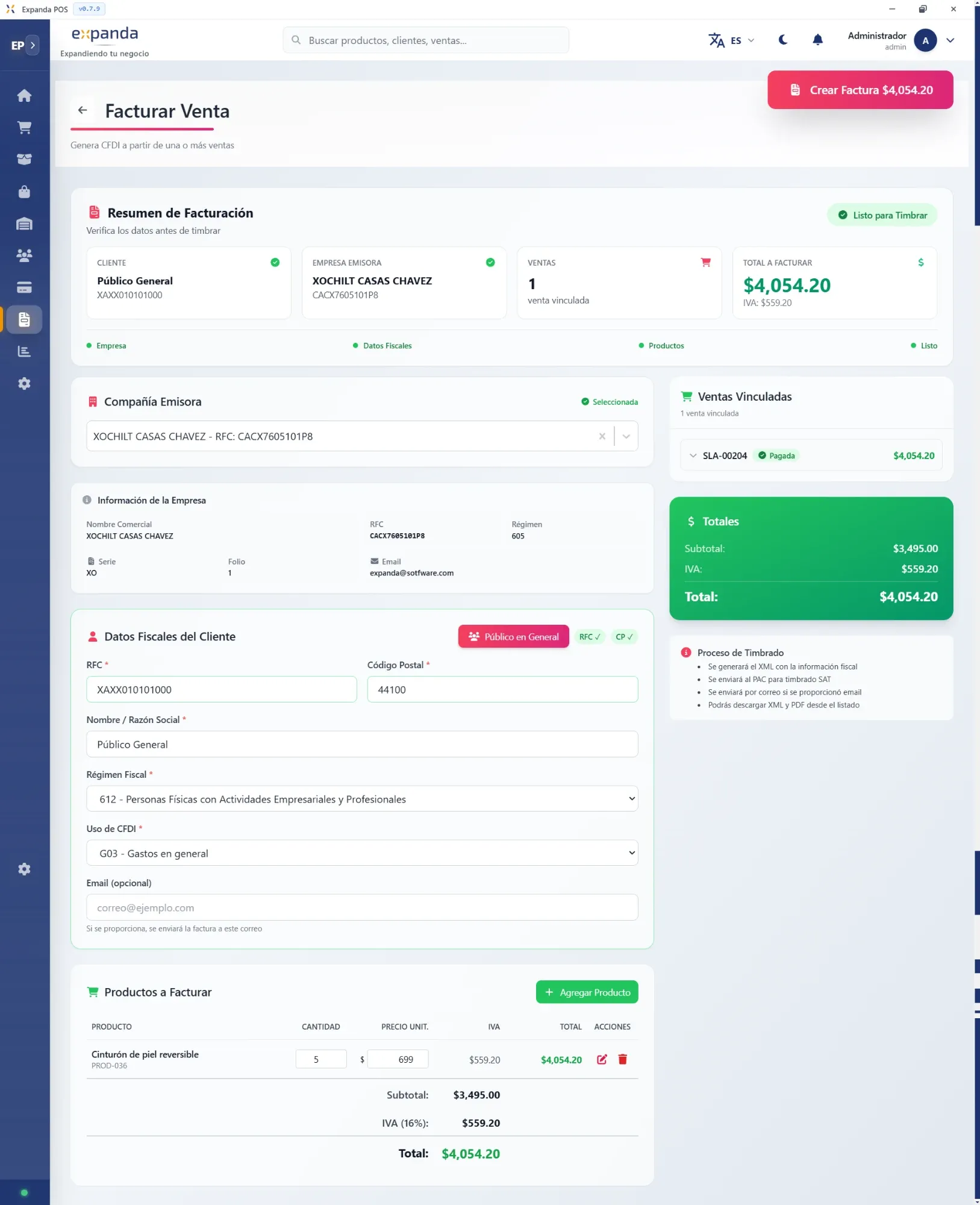Pantalla de facturar venta de Expanda POS con resumen de facturación, datos fiscales y totales listos para timbrar