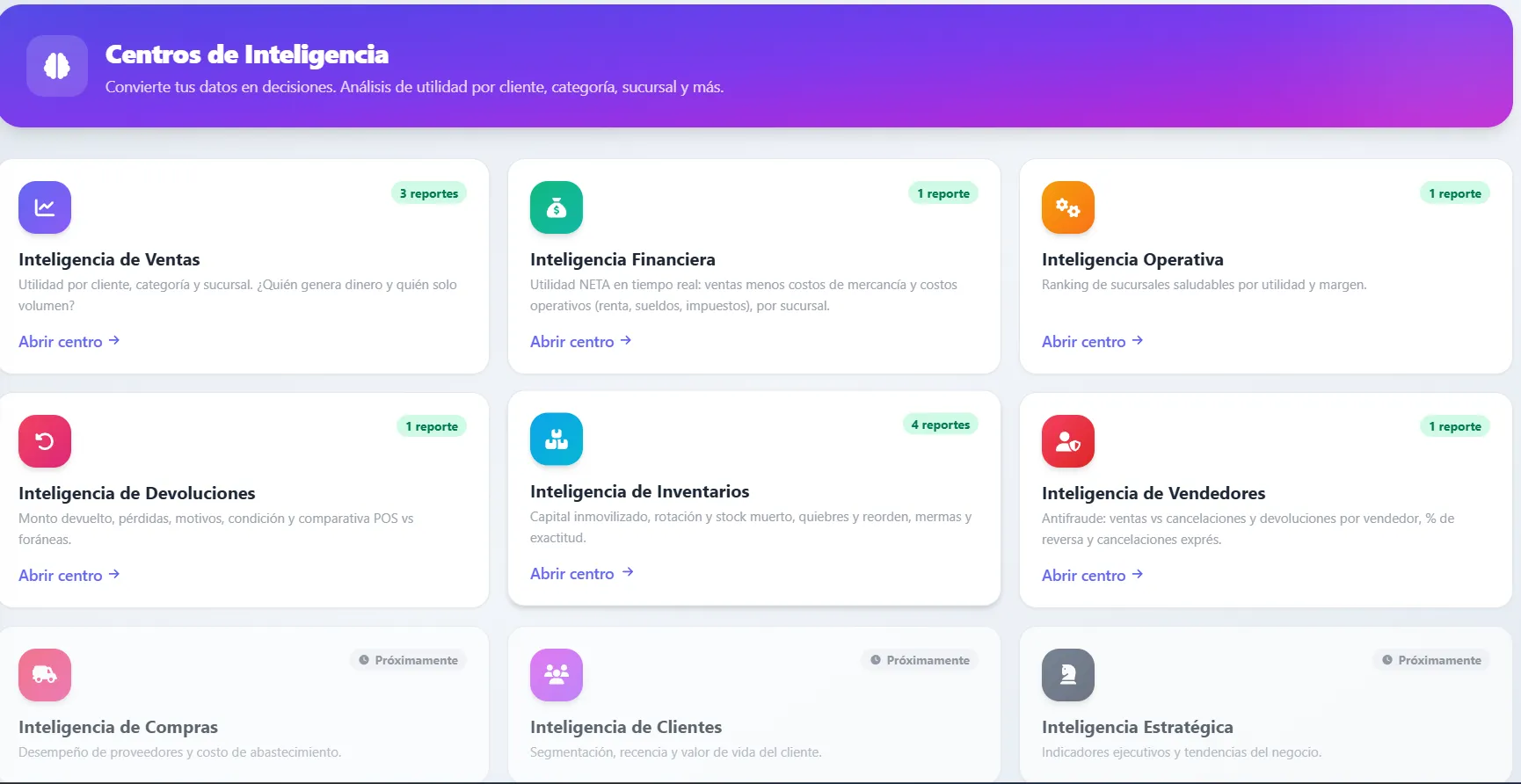 Centros de inteligencia de Expanda POS con reportes de ventas, finanzas, inventarios y vendedores