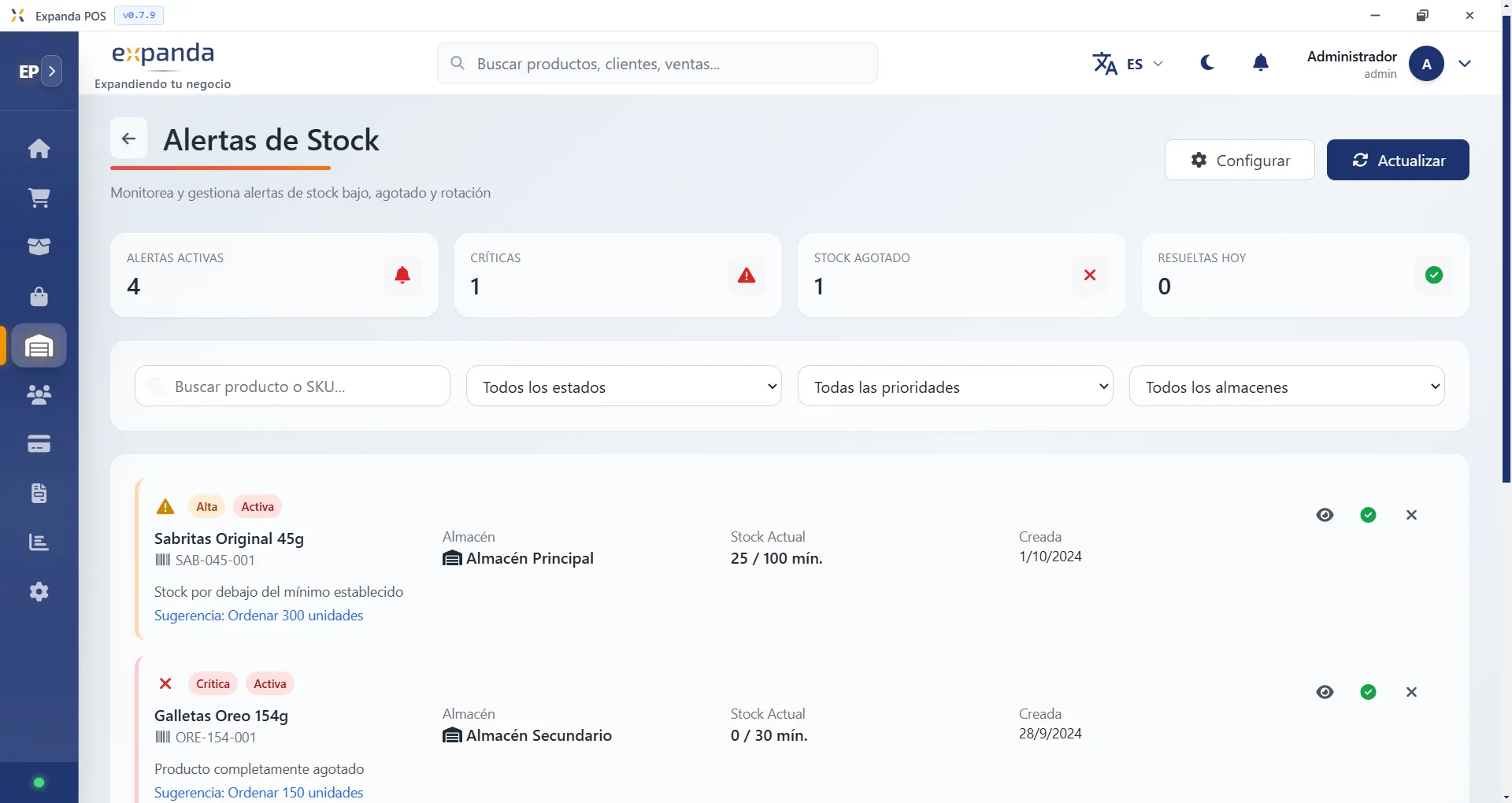 Módulo de alertas de stock de Expanda POS con indicadores de alertas activas, críticas y stock agotado